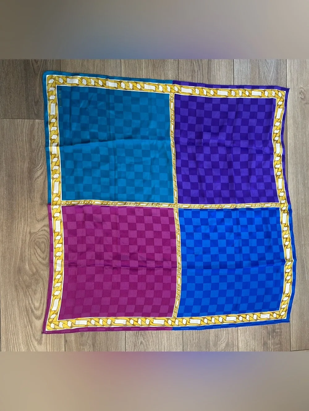 Collection XIIX Chain Print Square Scarf Blue Purple Checker Silk Feel